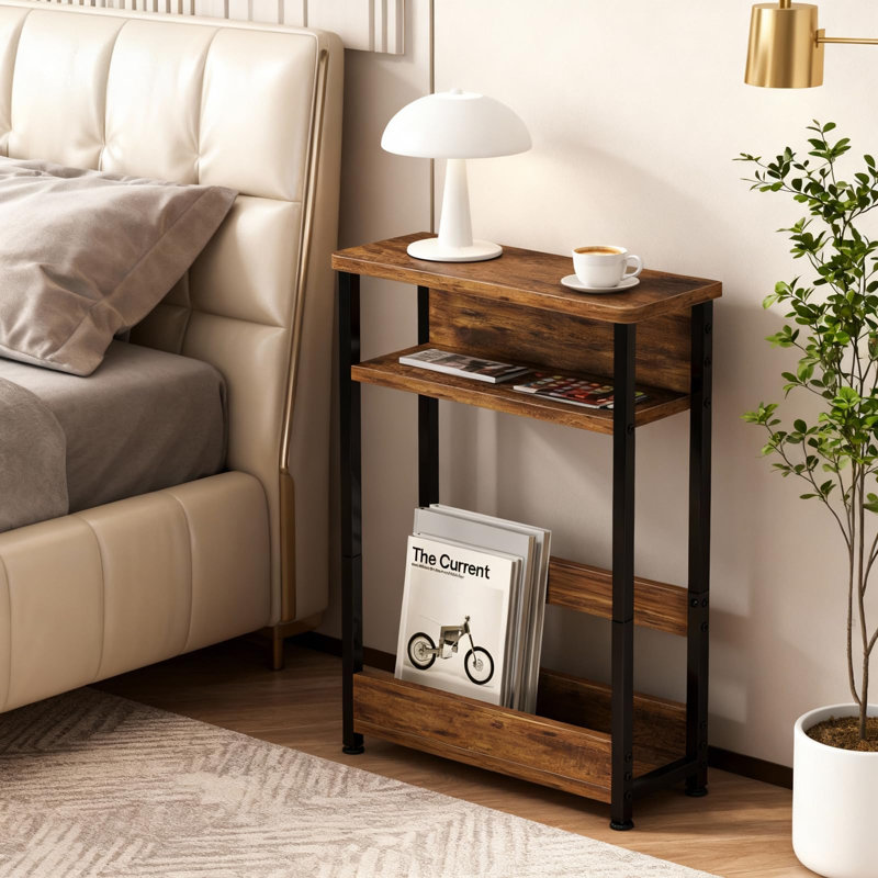 Narrow Side Table with Storage Shelf and Magazine Rack Slim Nightstand for Small Spaces Bathroom Bedside Table, Brown