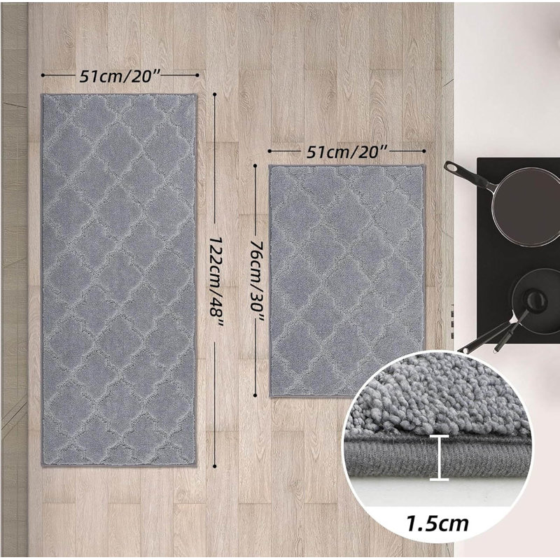 Nonslip Kitchen Rug Set 2 Pack, 51X76cm+51X122cm, Grey