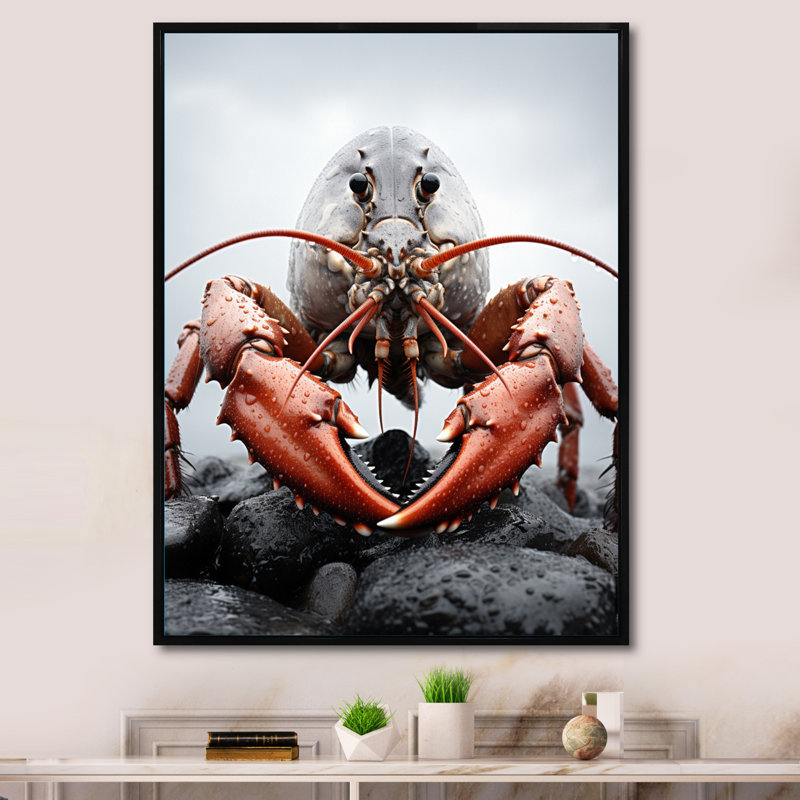 «Caritina Coral Gray Animal Lobster», reproduction sur toile, Cadre flottant noir, H 32 po x l 24 po x P 1 po