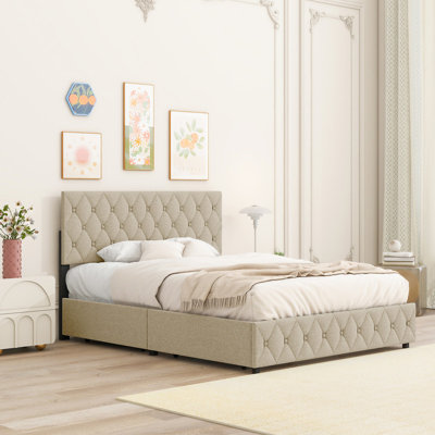 Full Size Upholstered Platform Bed Frame with Headboard and 4 Storage Drawers, Button Tufted Style -  Red Barrel StudioÂ®, 3CBE5B939F9140A1BFDD07E49F4C83C3