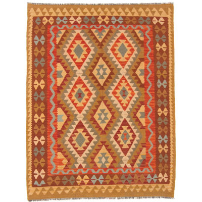 Rectangle 152 cm x 197 cm Geometric Wool Hand Woven Kilim Area Rug