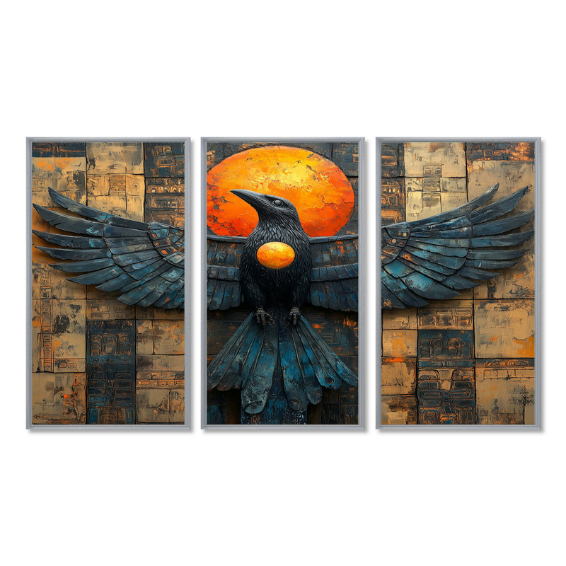 «Black Moon Native Raven II - Native American Art Totem», reproduction d'art, Toile argentée avec cadre flottant