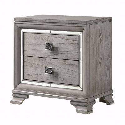 Contemporary 1Pc Light Gray Brown Finish 2 Storage Drawer Nightstand  End Table Mirrored Accents Beautiful Solid Wood Wooden Bedroom Furniture
