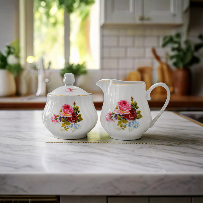Priya White Porcelain Sugar Bowl with Lid & Creamer, embossed floral & 24k gold trim (set of 2)