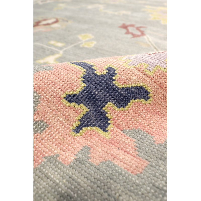 Tapis floral gris / vert en laine noué à la main Oushak, Rectangle 10 pi x 14 pi 1 po