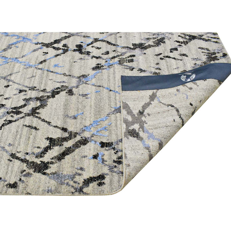 Tapis gris / bleu / noir noué à la main de haute qualité, Rectangle 8 pi x 10 pi