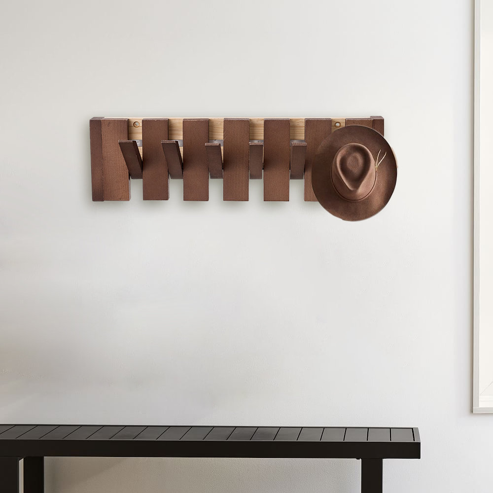 Wall-Mounted Solid Wood Coat Rack with Flip-Down Hooks