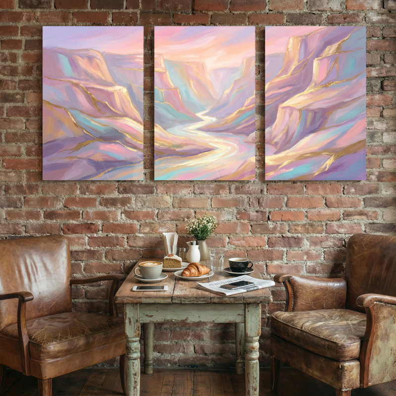 Abstrait paysage de canyon pastel avec des teintes douces et une douce lumière, ensemble de 3 impressions sur toile