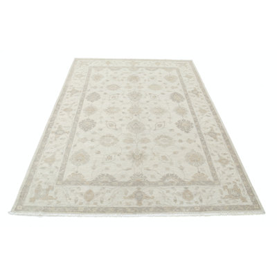 5.4x7.8 ft Hand Knotted Beige Wool Oushak Area Rug with All-Over Floral Design