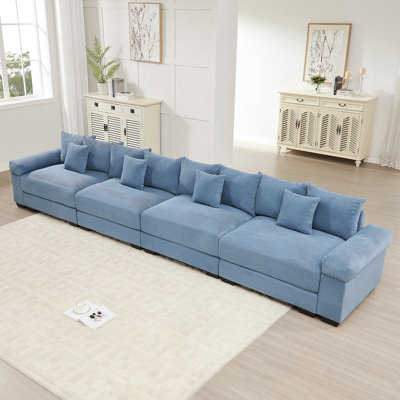 Canapé modulaire surdimensionné de 170 po Cloud, accoudoirs très épais en velours côtelé 4 places, coussin de bonne résilience, 12 coussins décoratifs, conception ergonomique, assemblage facile, pour les salons, bleu