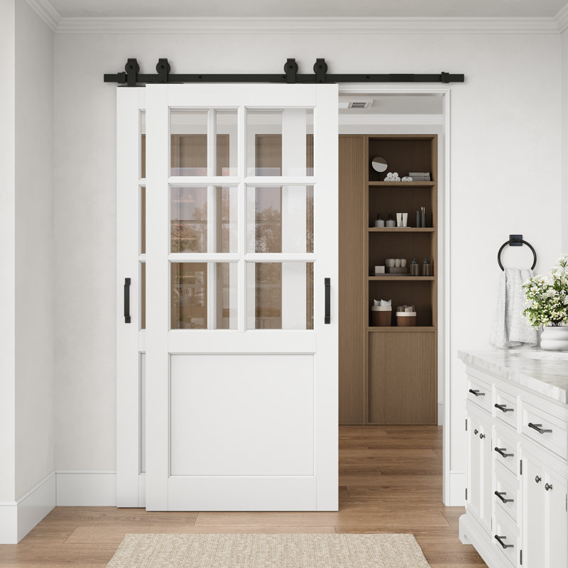 Porte coulissante de grange standard à âme en bois massif préfinie, 6 carreaux de verre clair, 48 po x 80 po, avec ensemble de quincaillerie.