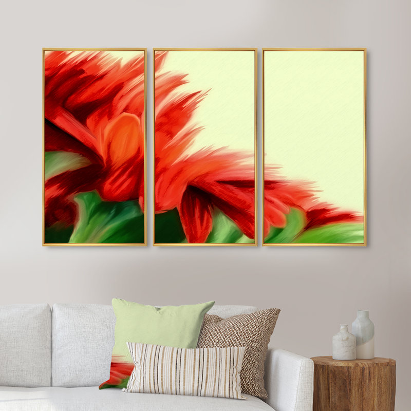 «Red Floral On Green», ensemble d'art mural sur toile encadré traditionnel, H 32 po x l 48 po x P 1 po, Or