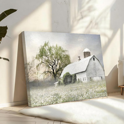 Reproduction d'affiche de paysage de ferme sauvage blanche, paysage de grange blanche, support de cadre en bois massif, 16 po x 24 po