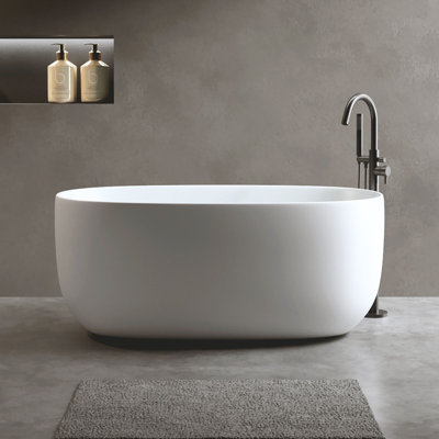 H2O Classic 47 in. x 25.6 in. Solid Surface Stone Resin Freestanding Deep Soaking Bathtub with Center Drain in Matte White