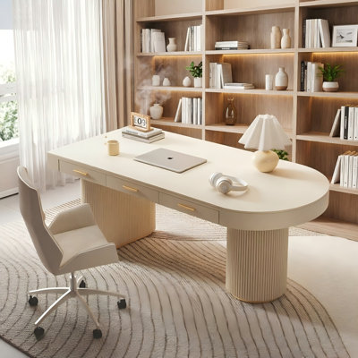 Bureau crème à demi-cercle droit, 3 tiroirs