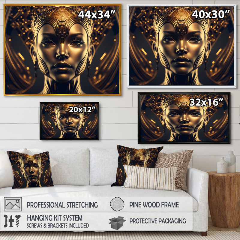 «Futuristic Golden Goddess III», reproduction sur toile, H 12 po x l 20 po x P 1 po, Cadre flottant doré