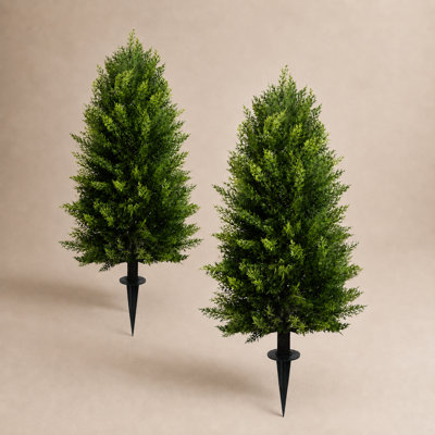 3' Artificial Cedar Topiary Trees with Ground Stakes, Set of 2, UV-Resistant Faux Evergreen Shrubs for Outdoor Planters and Porch Decor