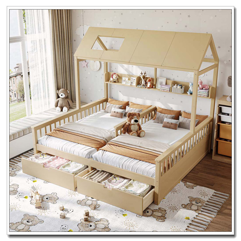 Lit plateforme simple double avec tablettes de rangement et tiroirs, Naturel