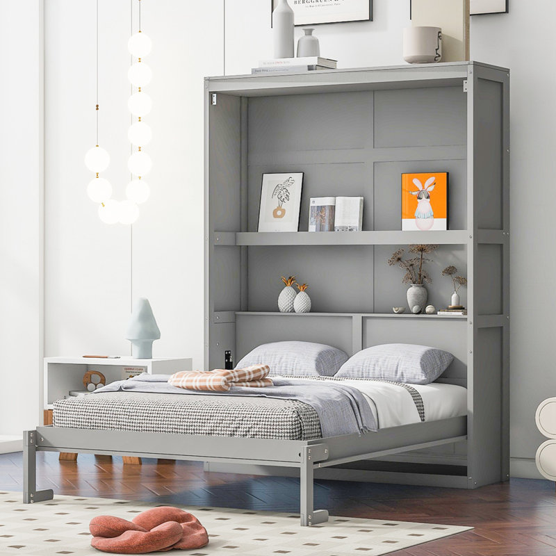 Murphy Bed Wall Bed With Shelves, Full, Gray