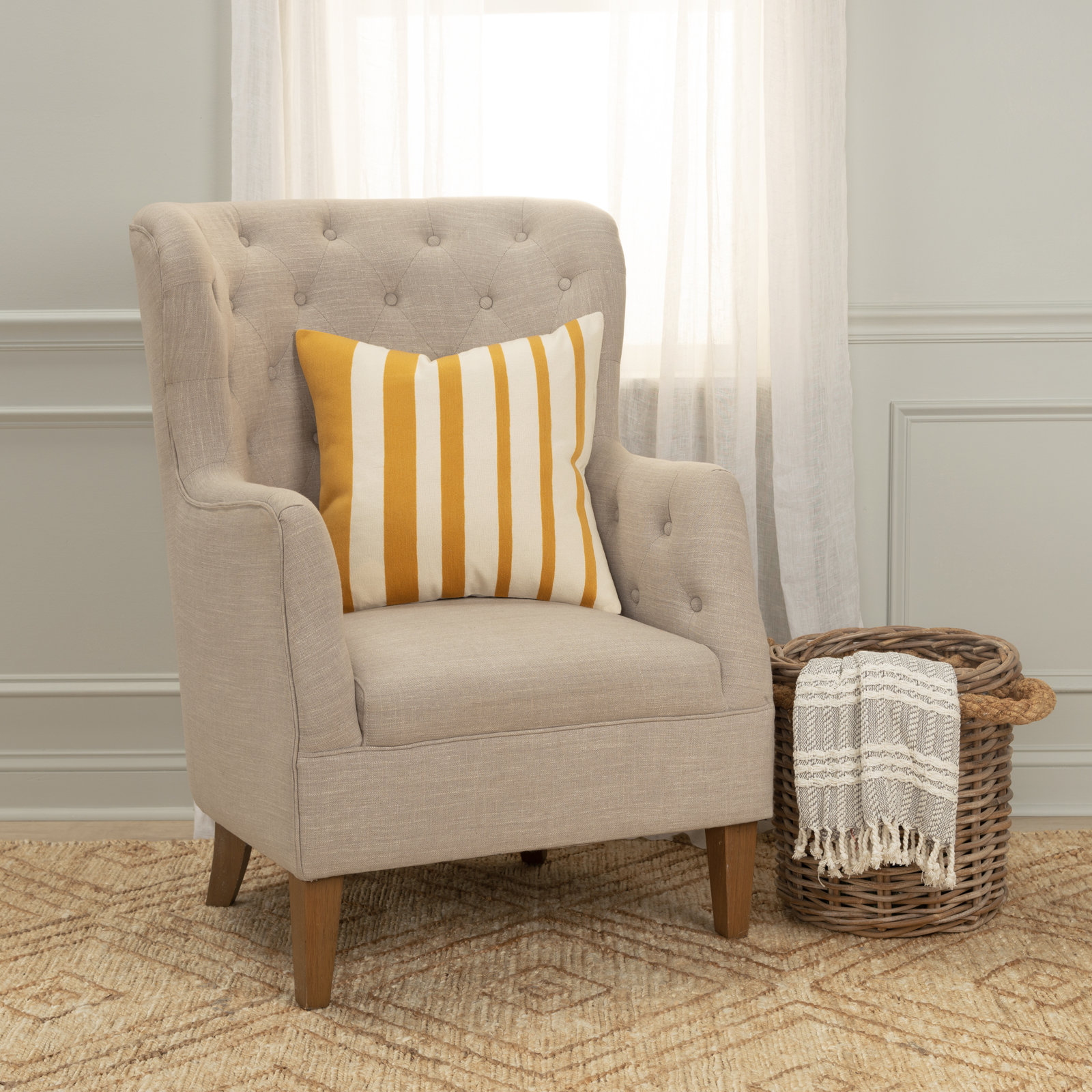 Karka 20" x 20" Embroidered Throw Pillow, Yellow/Natural