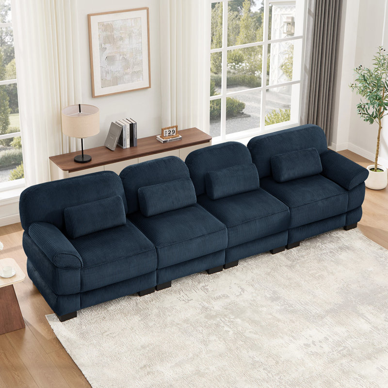 Canapé rembourré de 132 po avec quatre coussins inclus, Velours côtelé bleu