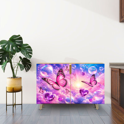 Buffet Buffet avec rangement Papillons roses Gem Hearts Dreamy Sky Bubbles Sunlight avec 2 portes pour le salon et la cuisine