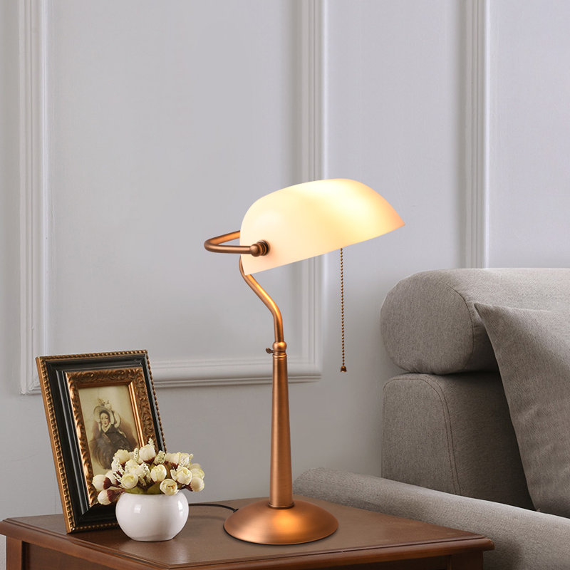 Antique Vintage Bronze Sleek Glass Shade Bankers Table Lamp With Pull Switch For Living Room