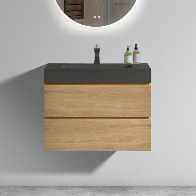 Meuble-lavabo moderne en chêne naturel - Grand espace et lavabo à mécanisme de fermeture silencieux avec rangement généreux