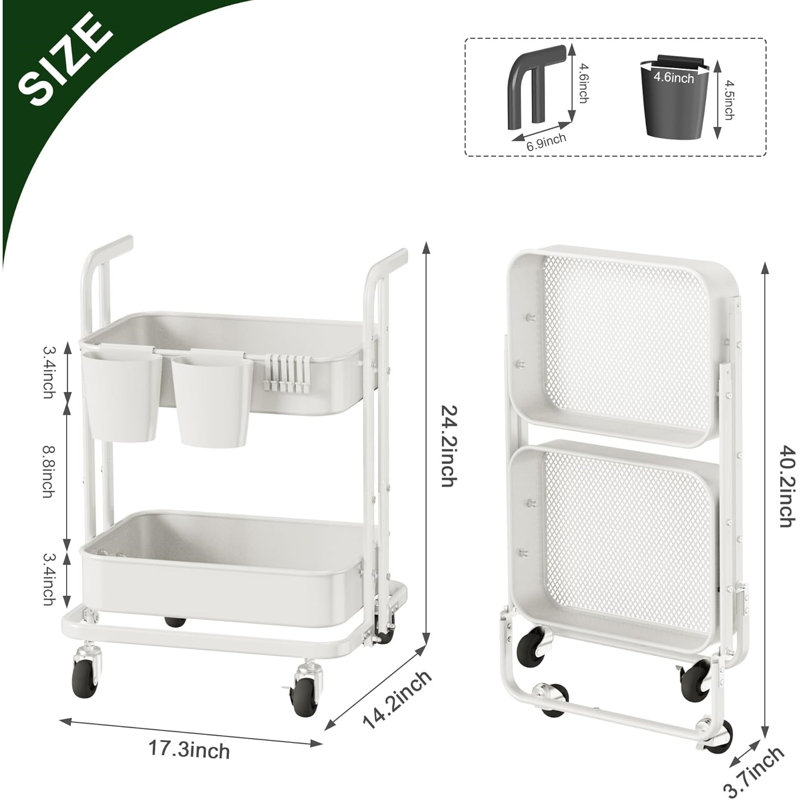 2 Tier Foldable Rolling Cart, Metal Utility Cart with Lockable Wheels, Folding Storage Trolley, White