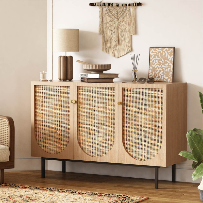 Natural Rattan Cupboard, Sideboard with 3-Wicker-Door, Adjustable Shelves