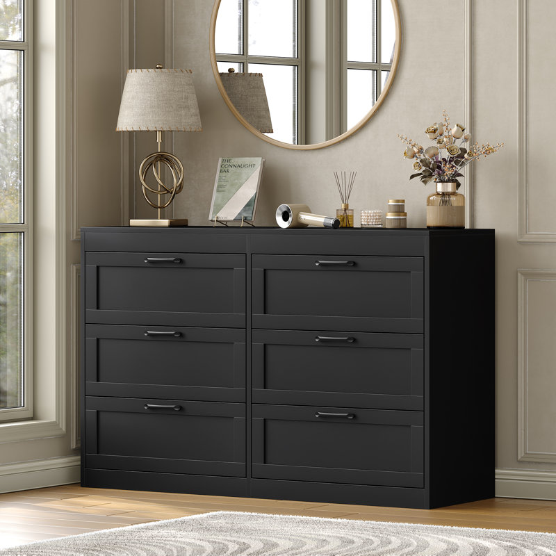Commode moderne à 6 tiroirs, l 47 po pour salon, chambre à coucher, Noir