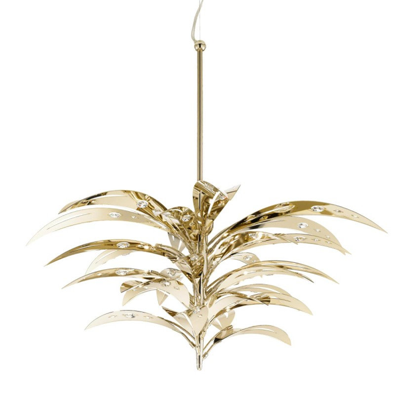 Lustre léger à niveaux unique avec accents de palmiers en cristal, Fumée, 72" Width x 29" Depth x 44" Height, Or brillant