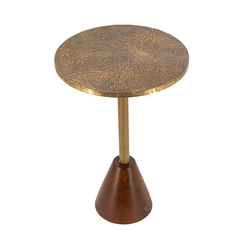 D15X22" Slender Brass Side Table With Textured Gold Top And Wooden Pedestal Base