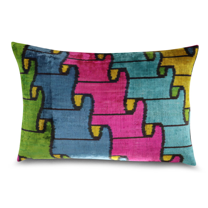 Velvet Rectangular Pillow Cover & Insert, Blue/Pink/Green Geometric 1