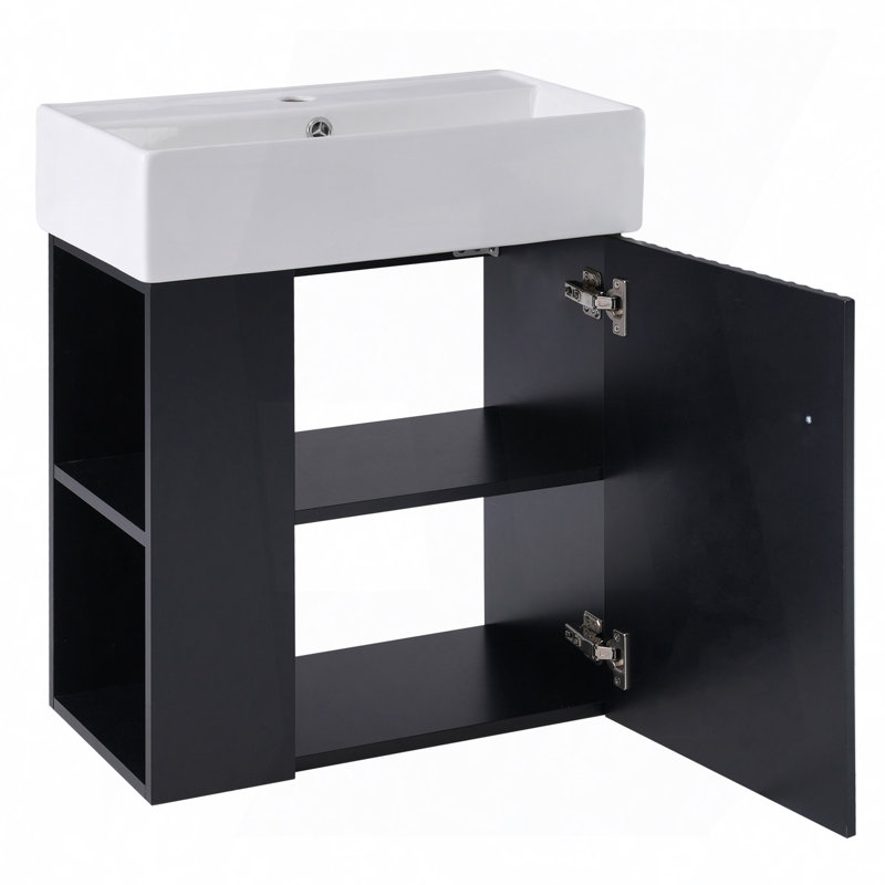 Meuble-lavabo flottant moderne avec lavabo en céramique - parfait pour les petites salles de bain, rangement à gauche, Noir