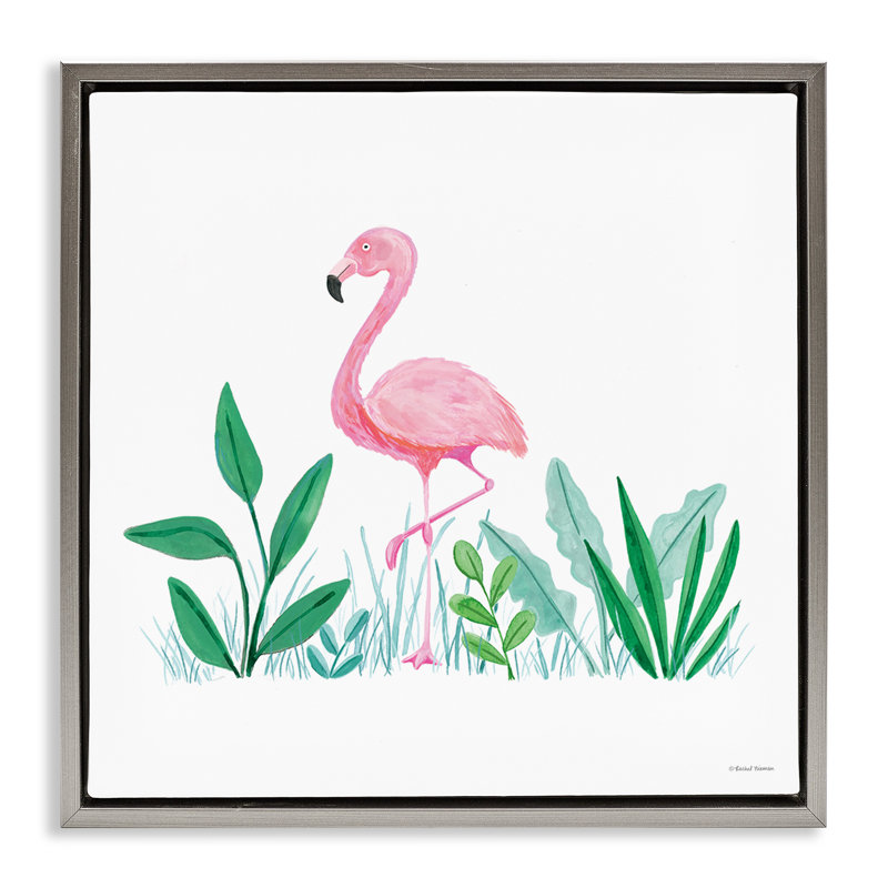 «Summer Flamingo & Fronds» par Susan Ball, Cadre flottant gris lustré, H 25 po x l 25 po