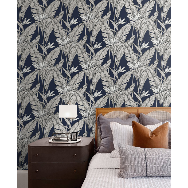 The Sojourn Floral Vinyl Peel & Stick Metallic Wallpaper Roll, Navy Blue/Metallic Pewter