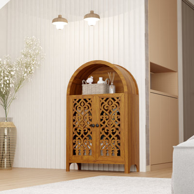 Hand Carved Arched Solid Wood Cabinet With Open Shelf And 2 Doors, Tall Accent Storage For Living Room Bedroom