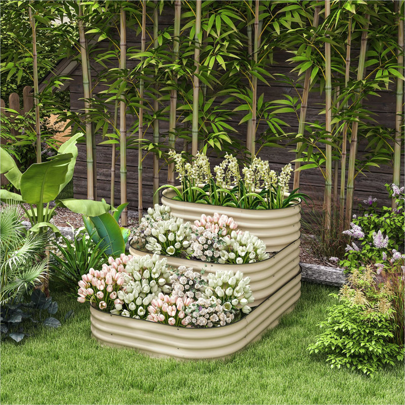 Support pour plante en tôle galvanisée blanc crème pour espace extérieur avec structure en métal, 62,2 x 43 x 32,2 po