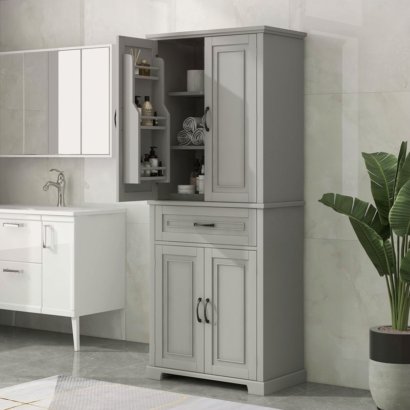 Armoire de rangement de salle de bain avec portes et tiroir, plusieurs espaces de rangement, tablette réglable, Gris