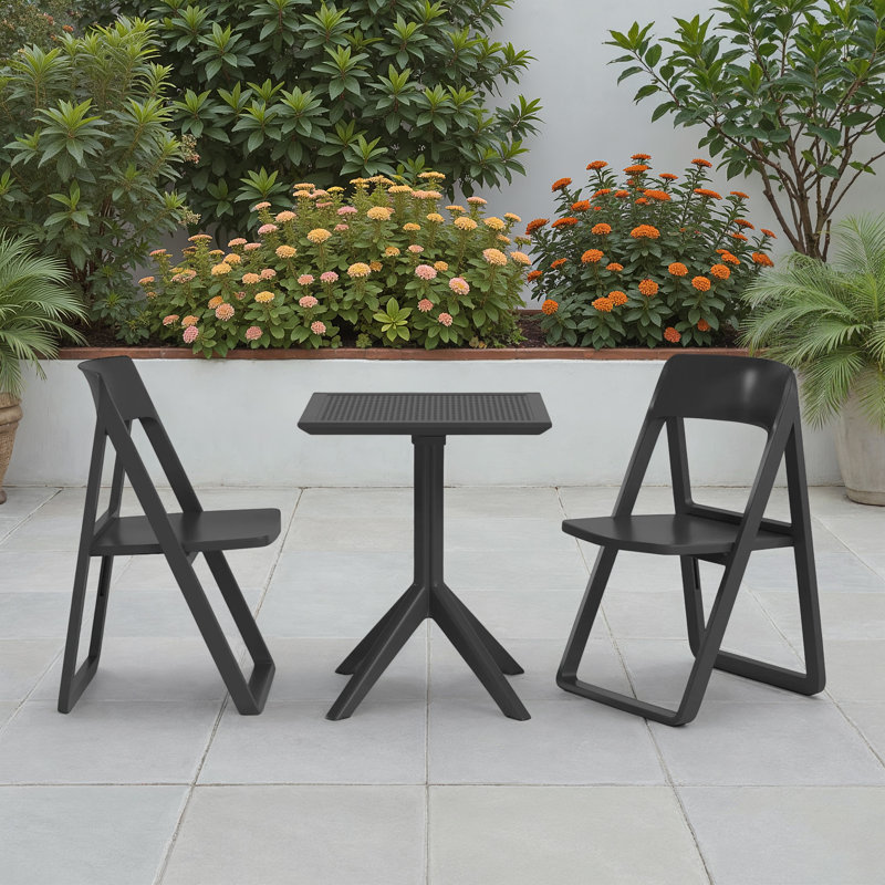 Farrah Square Foldable Plastic 3-Piece Patio Dining Set, Black