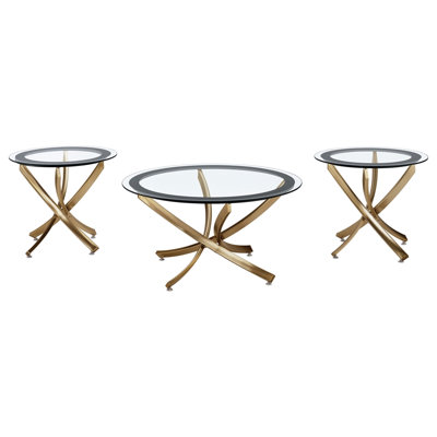 Contemporary 3-piece Round Glass Top Coffee Table Set Brass