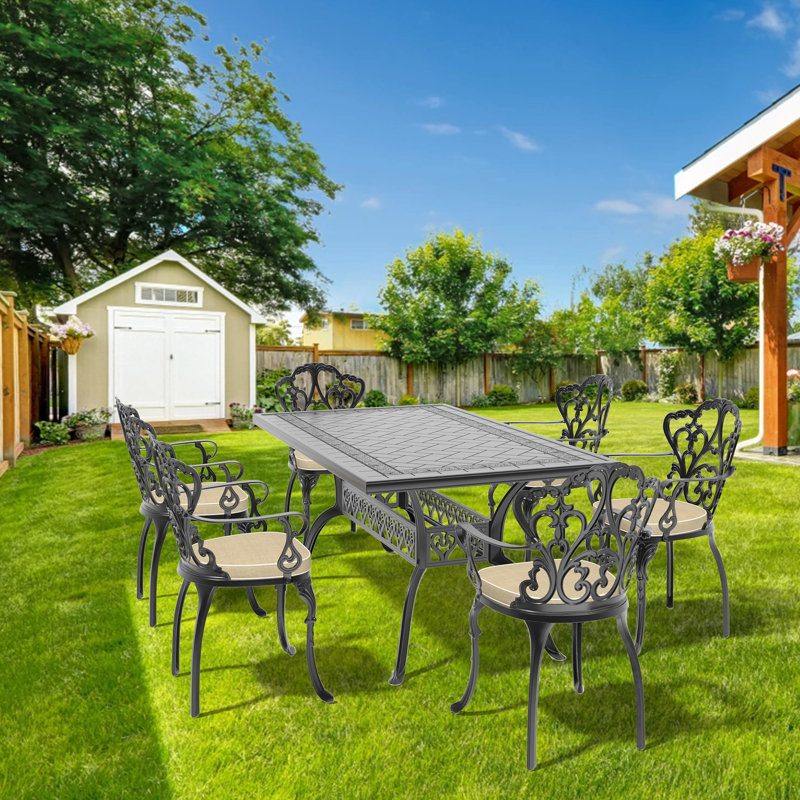 (Coussins de couleurs aléatoires) Ensemble de meubles de patio en aluminium coulé avec coussins, 6
