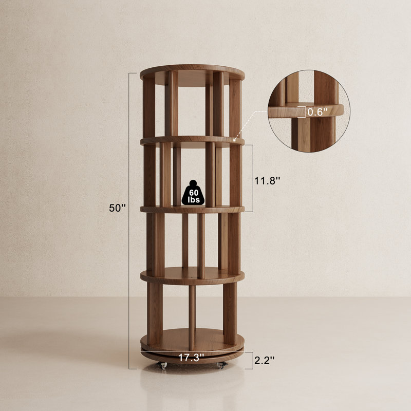 Oliver 360° Rotating Solid Wood Bookshelf, Equipped with Brake Wheels, Allowing for Flexible Adjustment, Brown