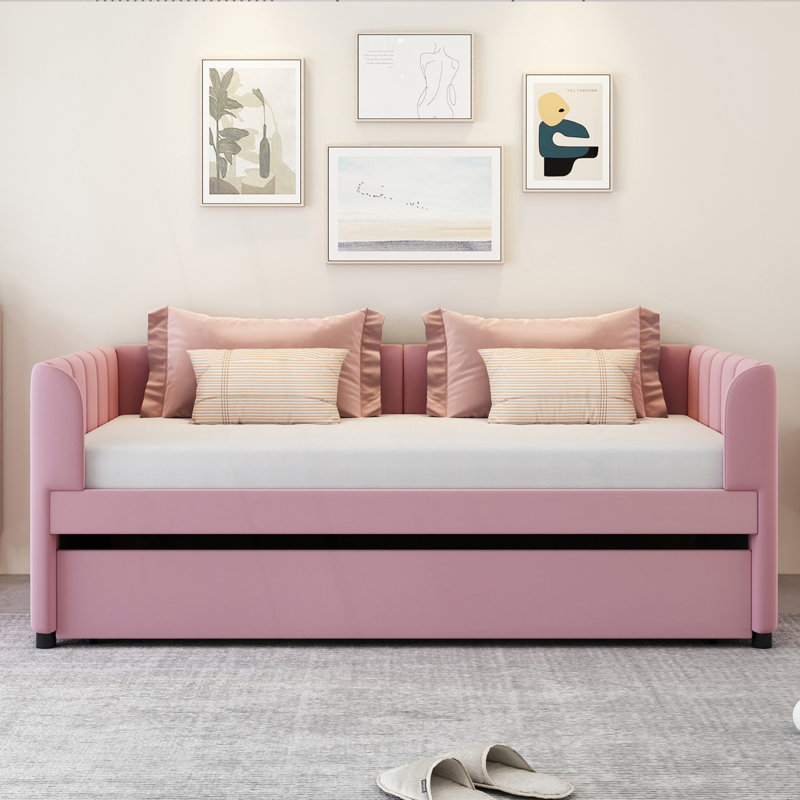 Twin Size Upholstered Daybed With Ergonomic Design Backrest And Trundle, Day Bed, Pink