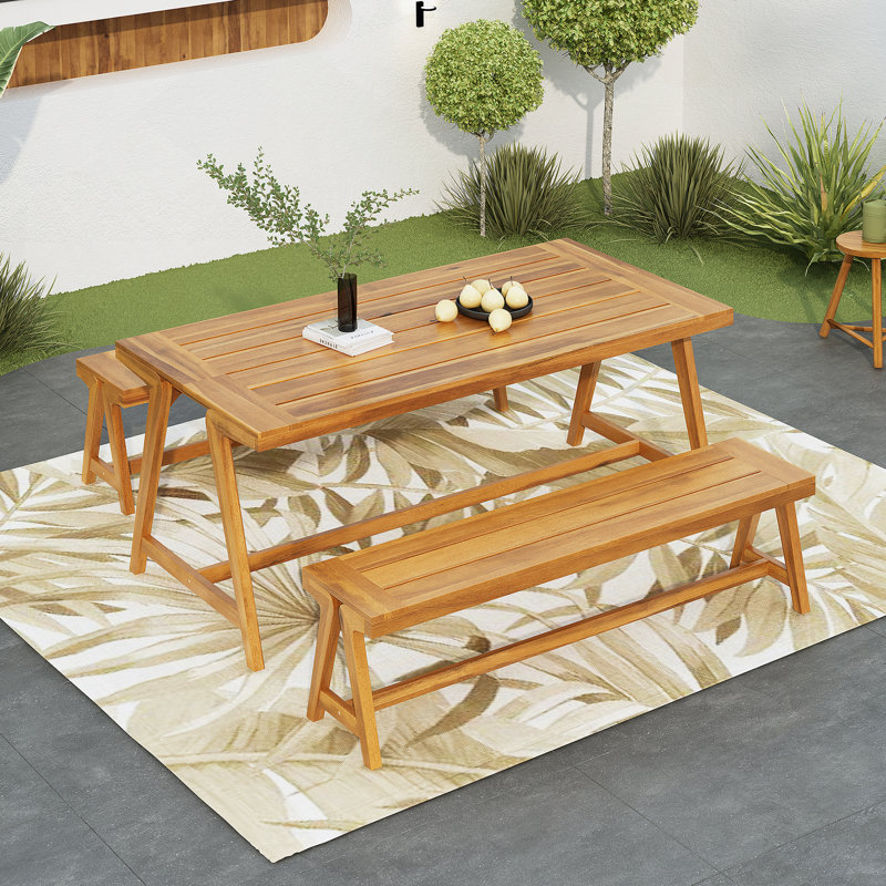 Ensemble de table de pique-nique d'extérieur 3 pièces, ensemble de salle à manger de patio contemporain en bois d'acacia avec bancs - toutes saisons et compact pour balcon, terrasse, camping