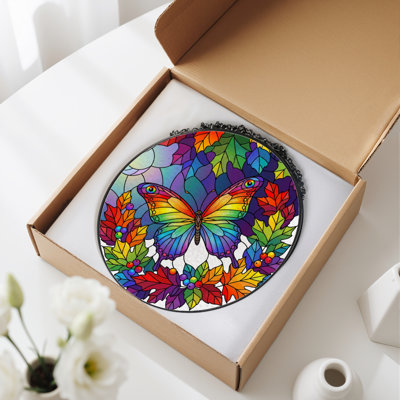 12"H Butterfly Leaves Stained Glass Window Panel
