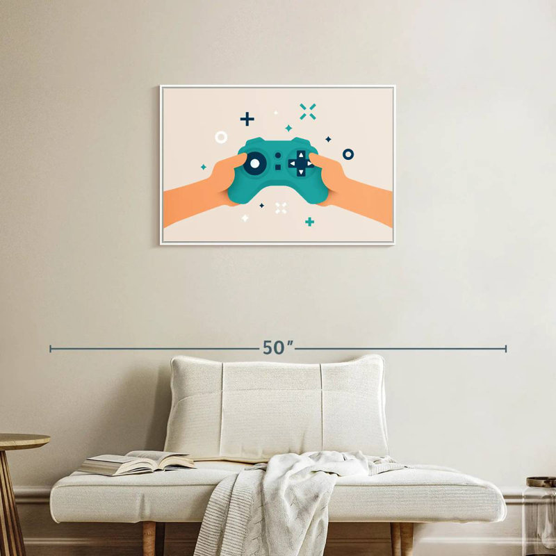 Caricature de manette de jeu vidéo, Cadre flottant blanc, 31 po x 21 po