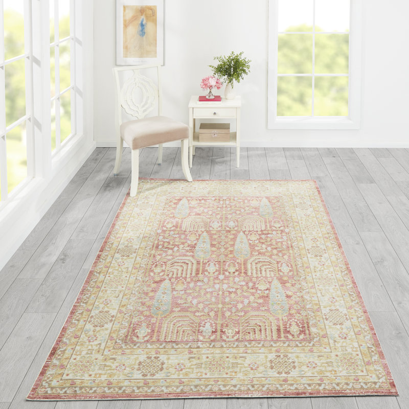 Tapis rose / beige en polyester tissé à la machine Foxley, Rectangle 4 pi x 6 pi