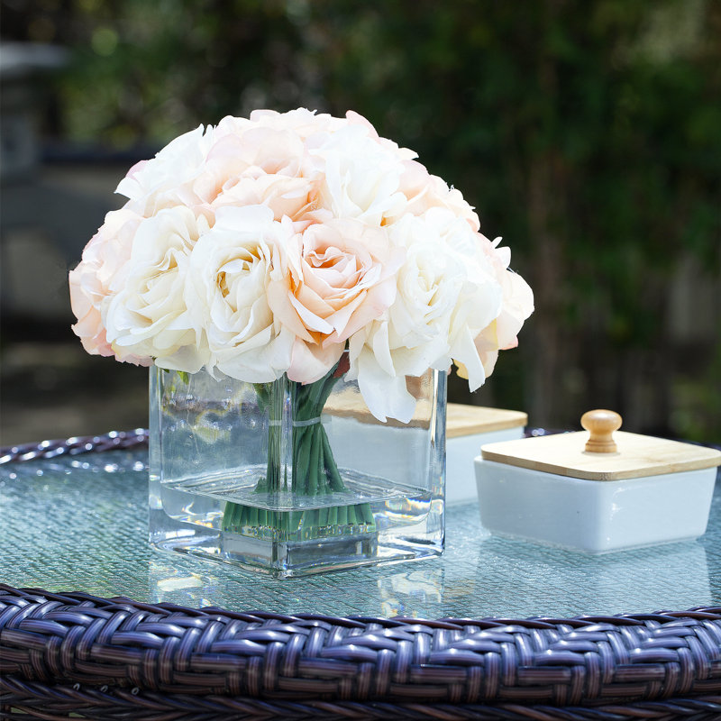 Cream Beige Silk Rose Arrangement in Clear Glass Vase